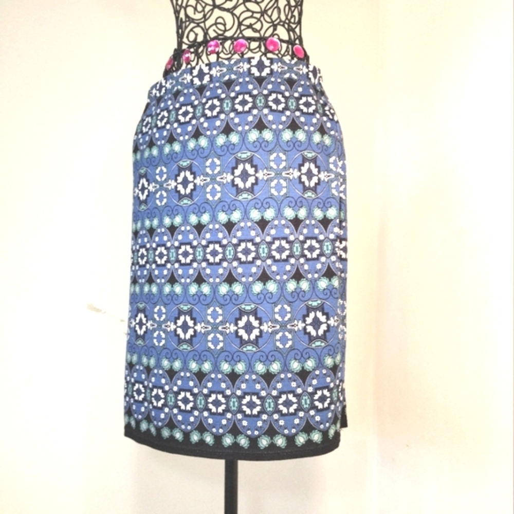 Max Studio Blue Print Elastic Waist Pencil Skirt XS